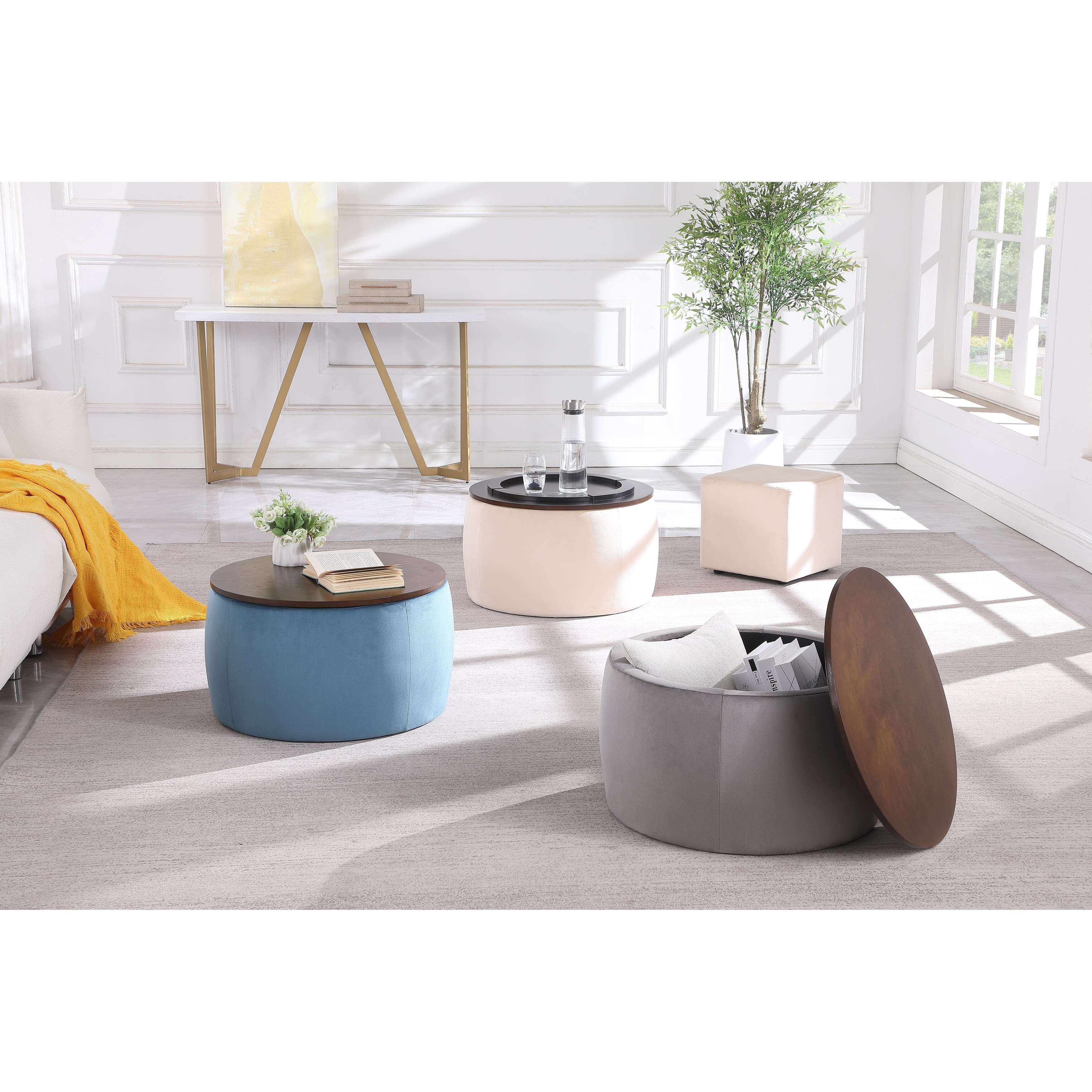 Round ottoman with shop reversible tray top