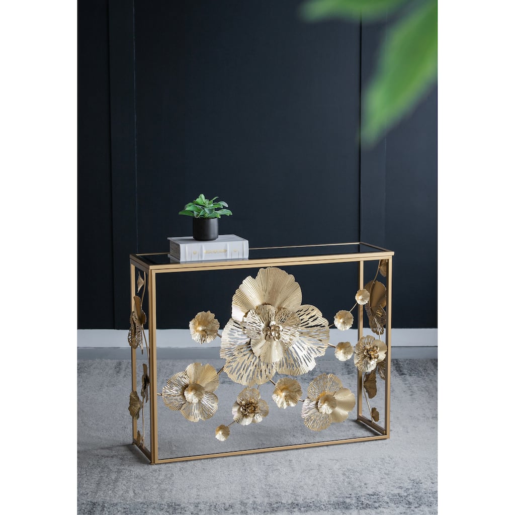 39.5" x 12" x 30.5" Gold Console Table with Mirrored Glass Top, Modern Entryway Table