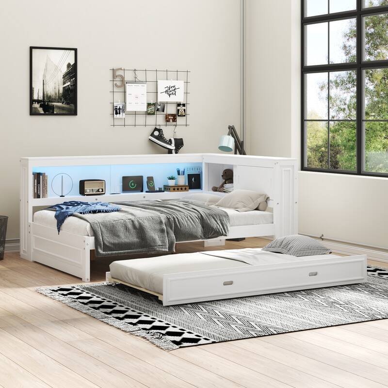 Full Size Daybed with Bookcase Headboard and Trundle, Wooden Platform Bed Frame with Storage Shelves, Charging Station, LED