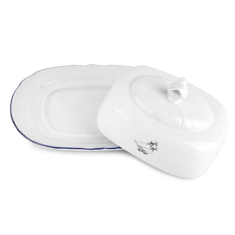 Goose Family White Porcelain Butter Dish - N/A