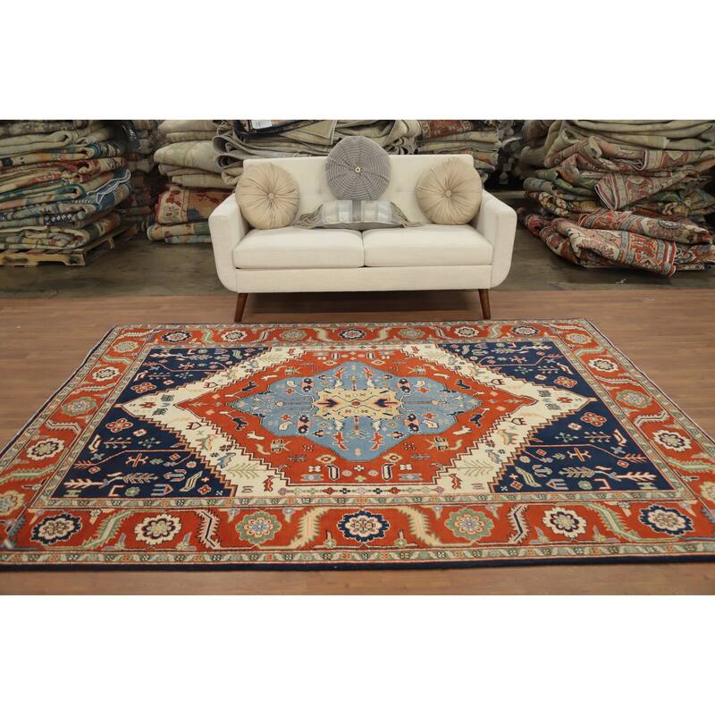 Hand Knotted Oriental 100% Wool Carpet Traditional Medallion Oranges & Rust Heriz (serapi) Area Rug - 8' 10'' X 6' 0''