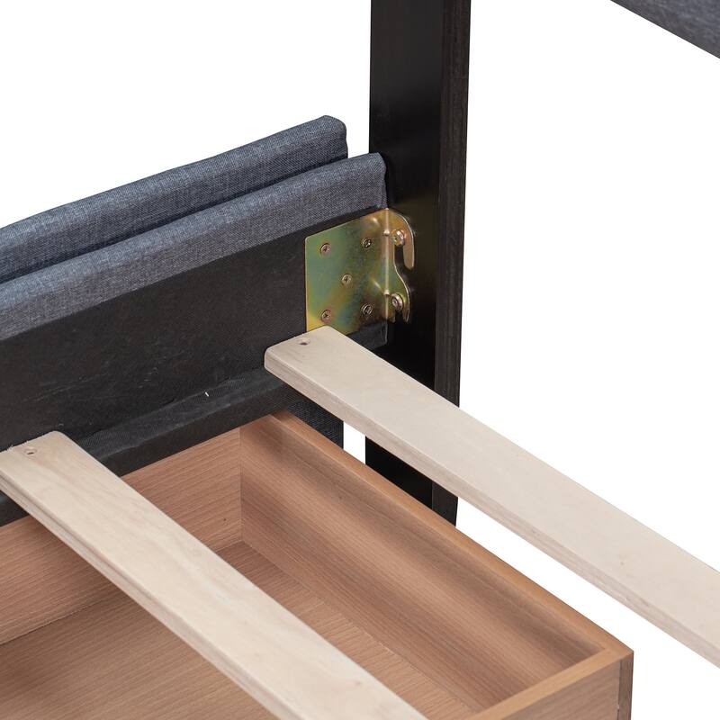 Dark Grey Tufted Design Upholstered Bed Queen Size Platform Bed with 4 Storage Drawers, No Box Spring Needed Slats Bed Frame