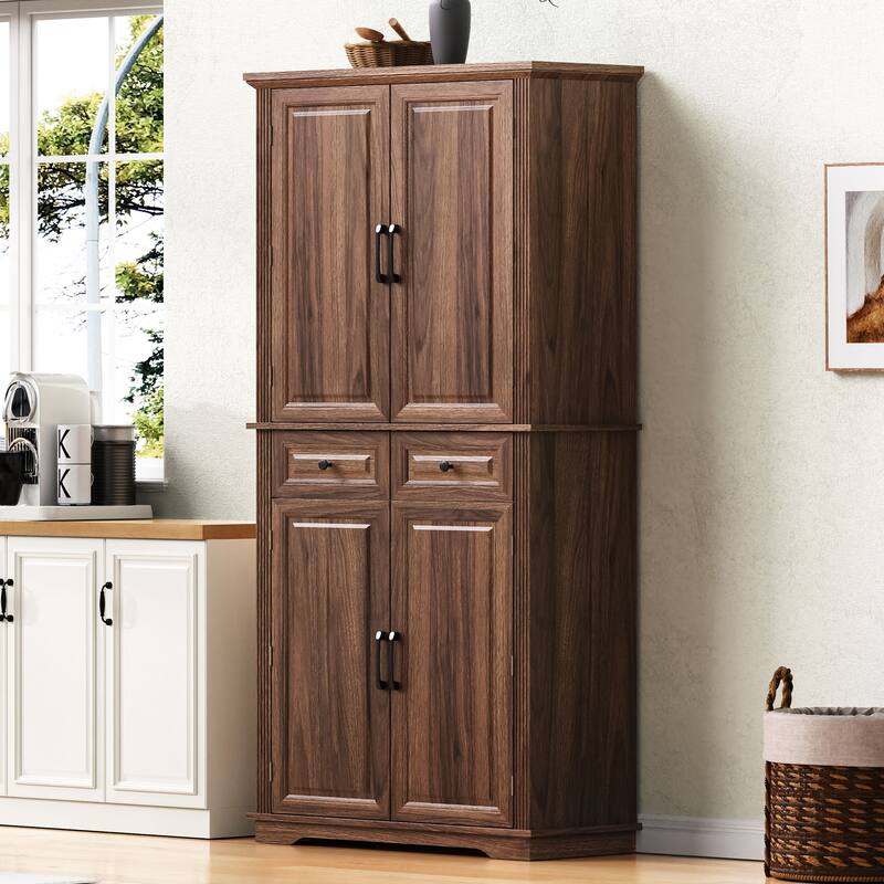 Kitchen Pantry Cabinet with 3 Pull Out Trays, Freestanding Buffet Cabinet with Adjustable Shelves, 2 Door Organizers & 2 Drawers