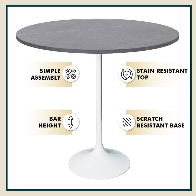 LeisureMod Verve 48" Round Bar Dining Table with Stone TableTop and White Steel Base for Kitchen & Dining Room