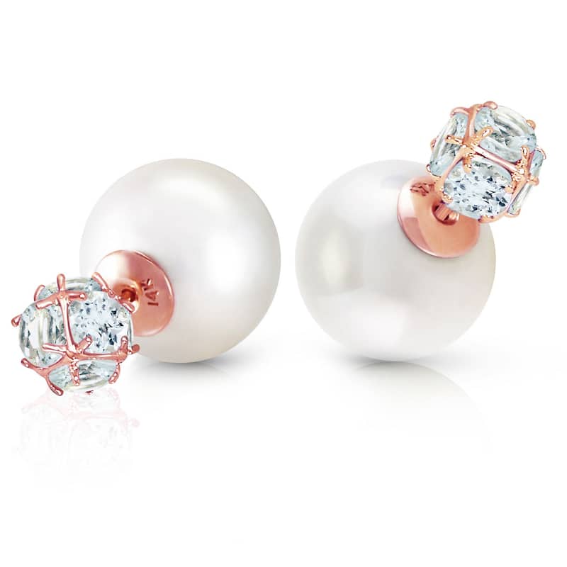 14K Solid Gold Tribal Double Shell Pearls And Aquamarines Earrings - Rose