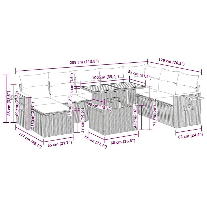 vidaXL Garden Sofa Set Black - 113.4 x 70.5 x 33.5