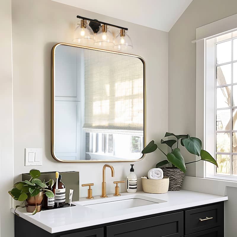 Zenith Modern Farmhouse 3-Light Black Gold Linear Hammered Glass Transitional Bathroom Vanity Lights - L 23.6" x W 8.2" x H 9"