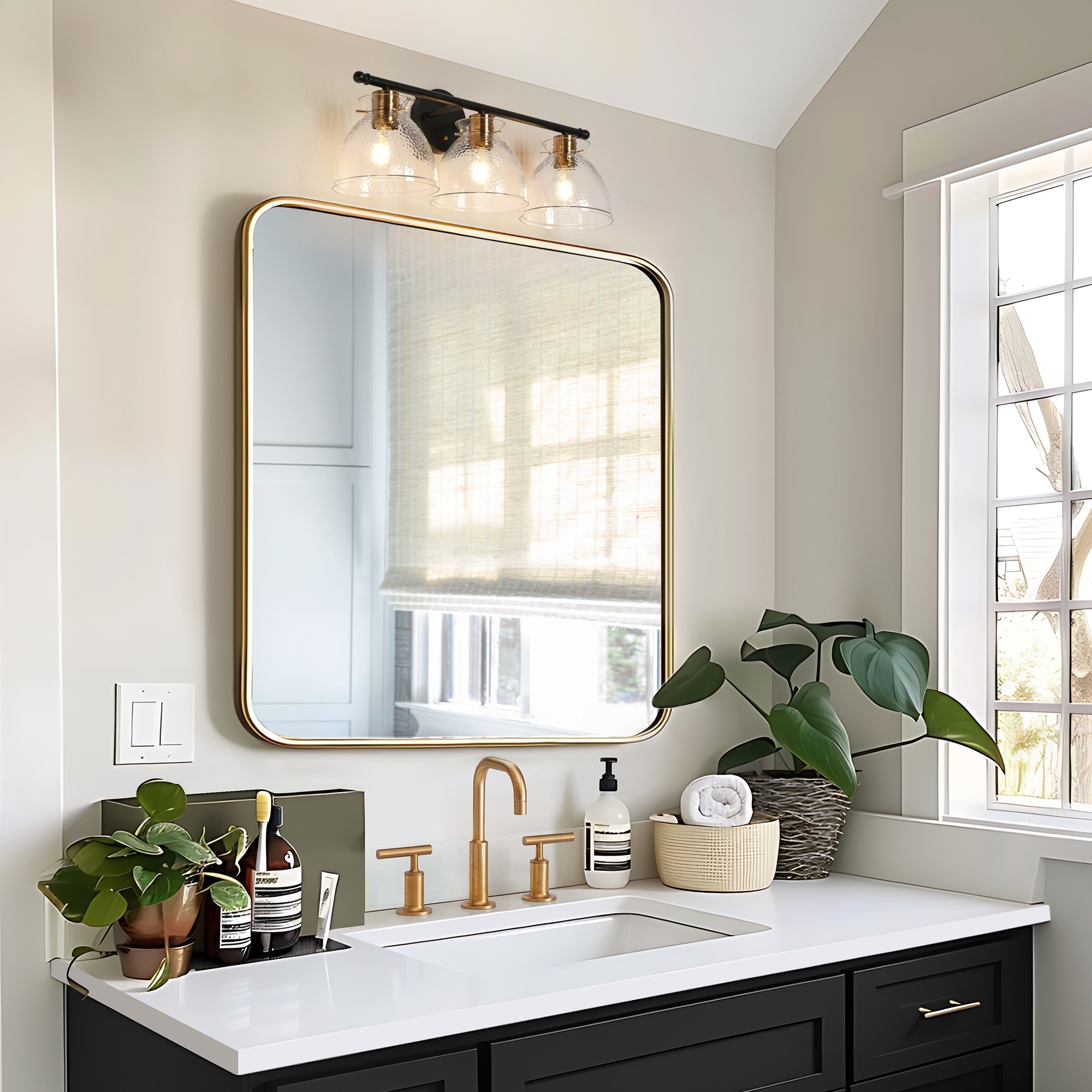 Zenith Modern Farmhouse 3-Light Black Gold Linear Hammered Glass Transitional Bathroom Vanity Lights - L 23.6" x W 8.2" x H 9"