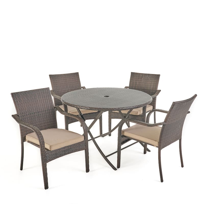 Christopher Knight Home - Lula Outdoor 5-Piece Round Foldable Wicker Dining Set with Umbrella Hole & Cushions