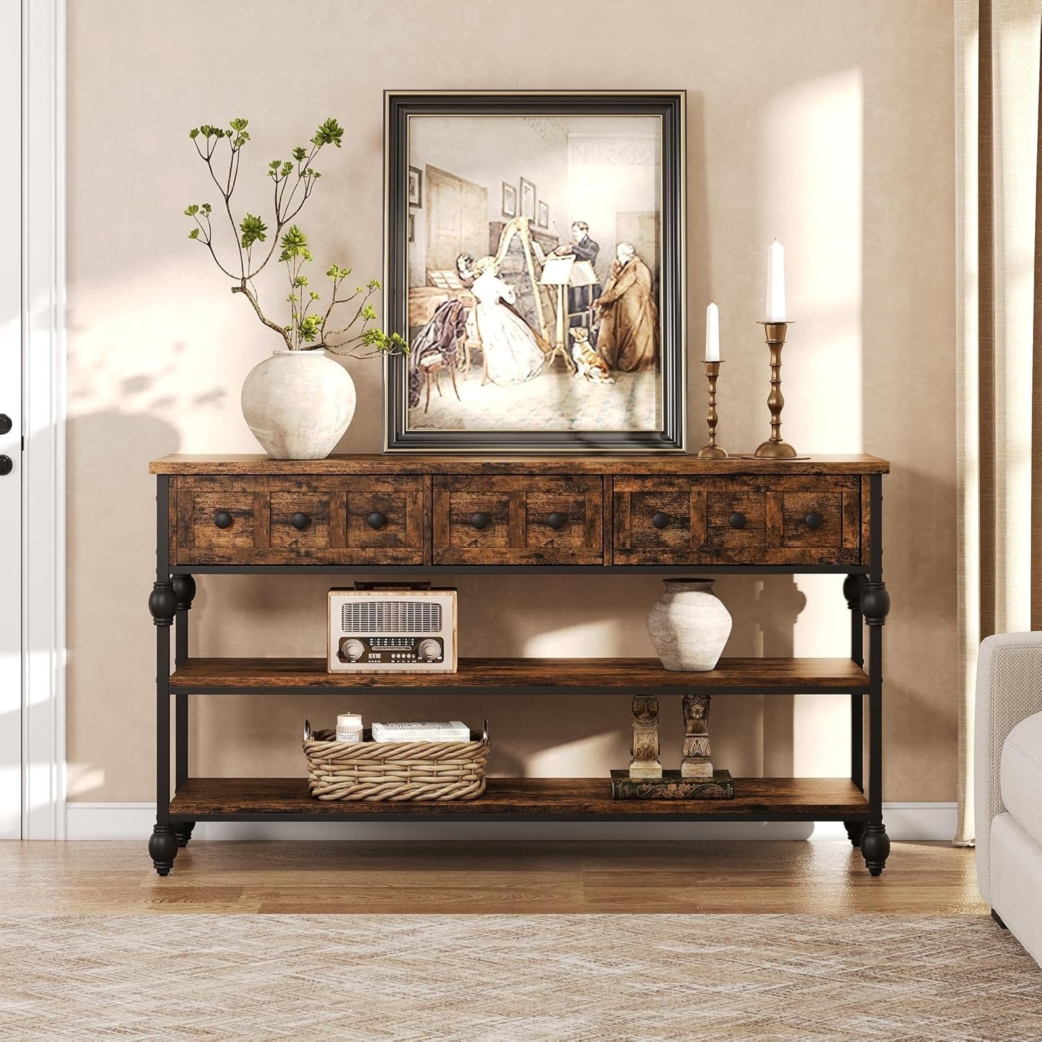 52" Industrial Console Table with 3 Drawers, 3-Tier Metal Entryway/Sofa Table, Grey