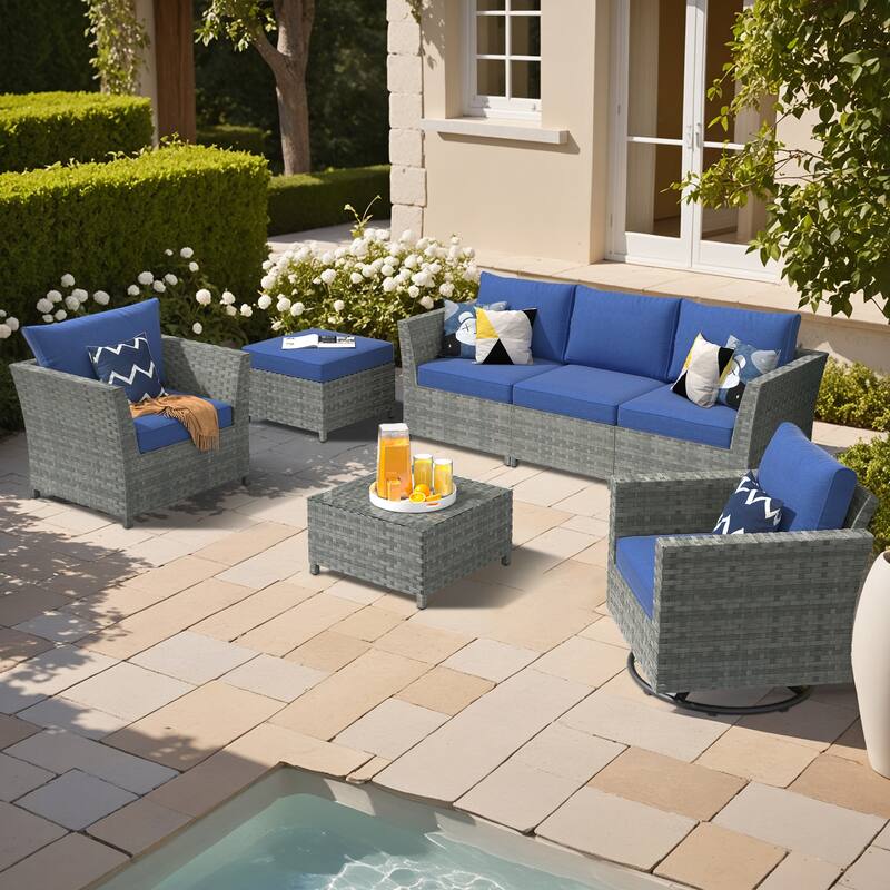 XIZZI 7-piece Outdoor Patio Furniture Rattan Wicker Conversation Set - Navy Blue