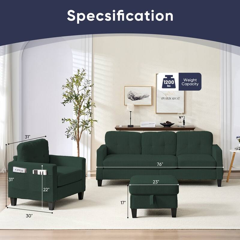 Mixoy 76'' L-Shaped Sofa Set,Corduroy Sectional Sofa,Mid Century 3-Seater Sofa with Storage Ottoman/Loveseat/Single Sofa