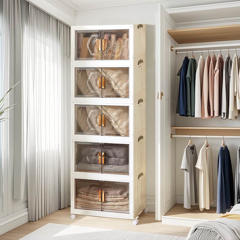 Storage Bins with Lids, Stackable Storage Bins with Wheels & Folding Plastic Storage Boxes 3/4/5 Set - 5-Tier - White