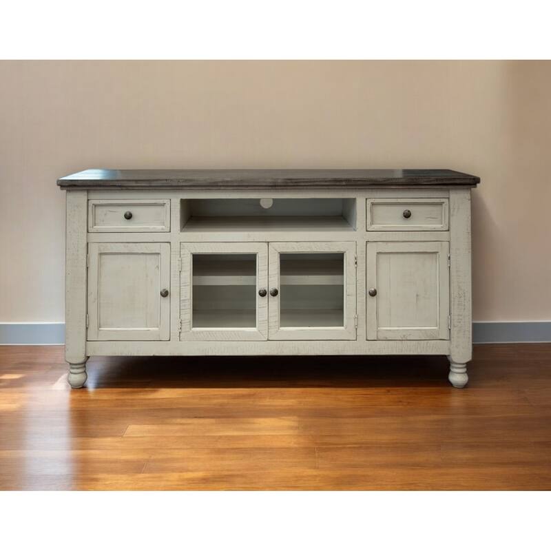 HomeRoots 70" Ivory Solid Wood Enclosed Storage Distressed TV Stand - 70' X '34.75' X '19 - Ivory - 70' X '34.75' X '19