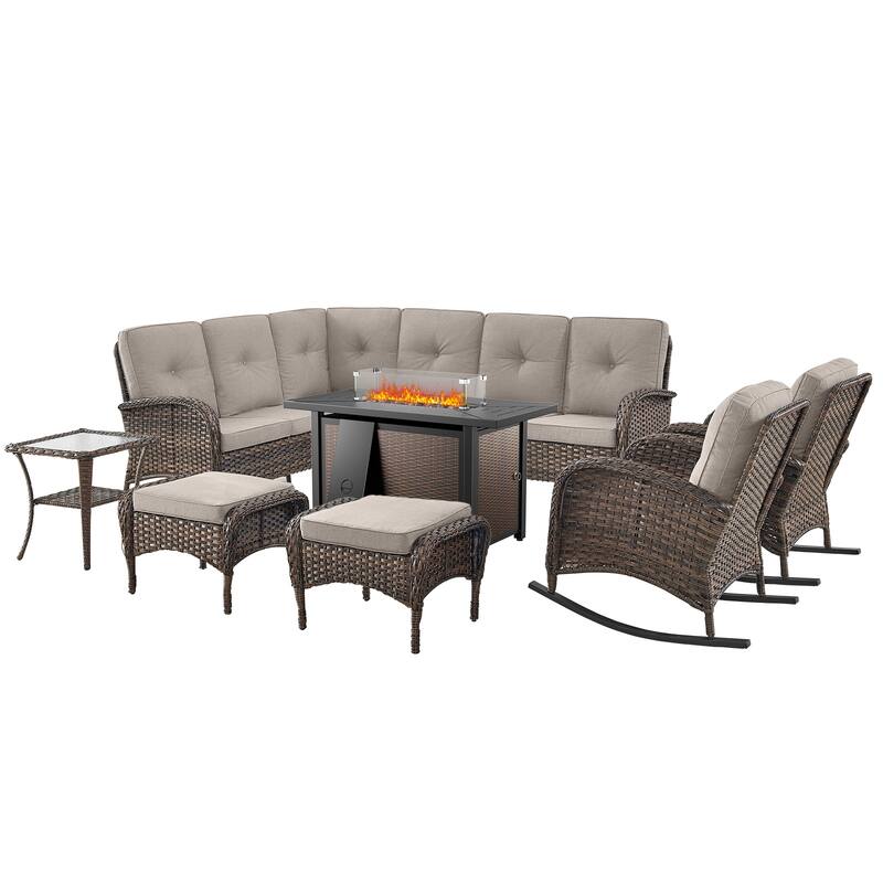 Fire Pit Table with Sectional Sofa Rocker Chairs Ottomans -Beige - Brown