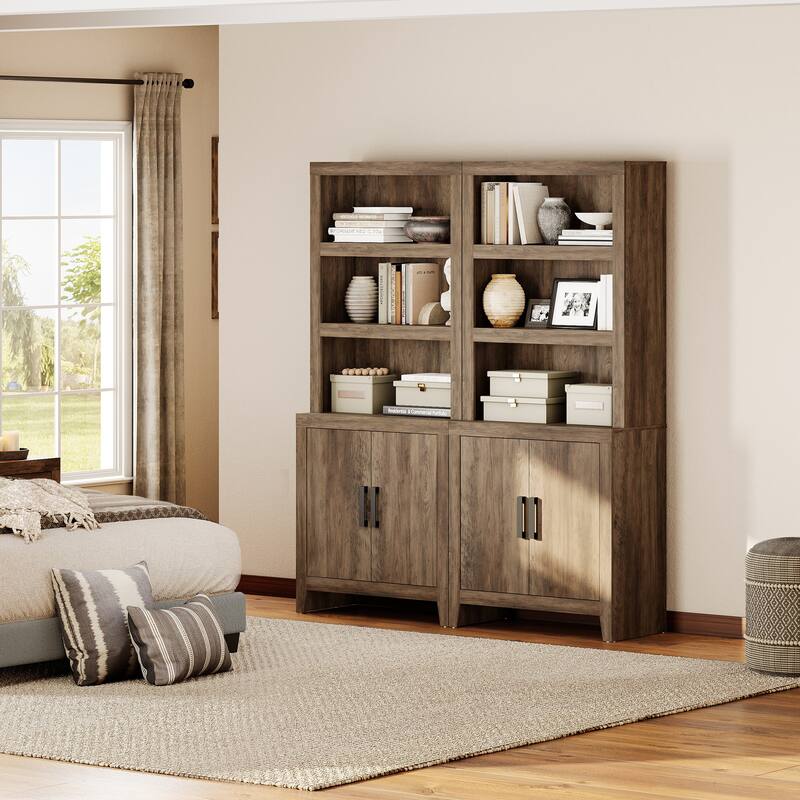 74" Tall Bookshelf with Door, Farmhouse Bookcase with Adjustable Shelf and Storage Cabinet for Living Room, Office