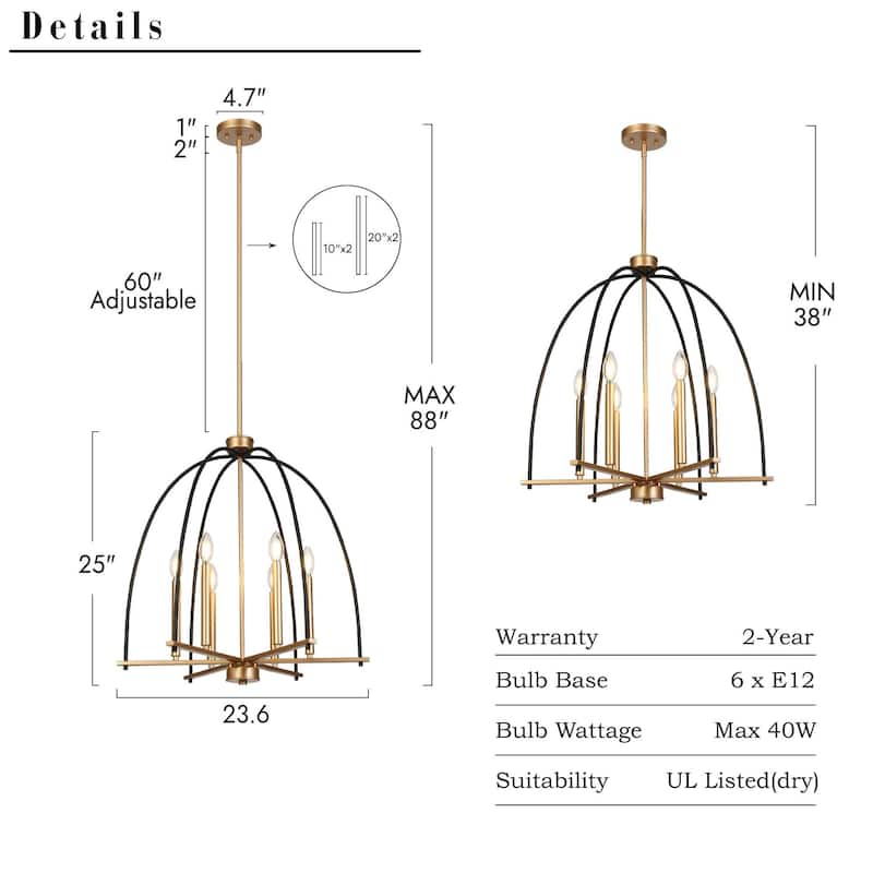 Modern 6-Light Birdcage Chandelier Black Gold Pendant for Dining Room - 23.6 " × 25 "