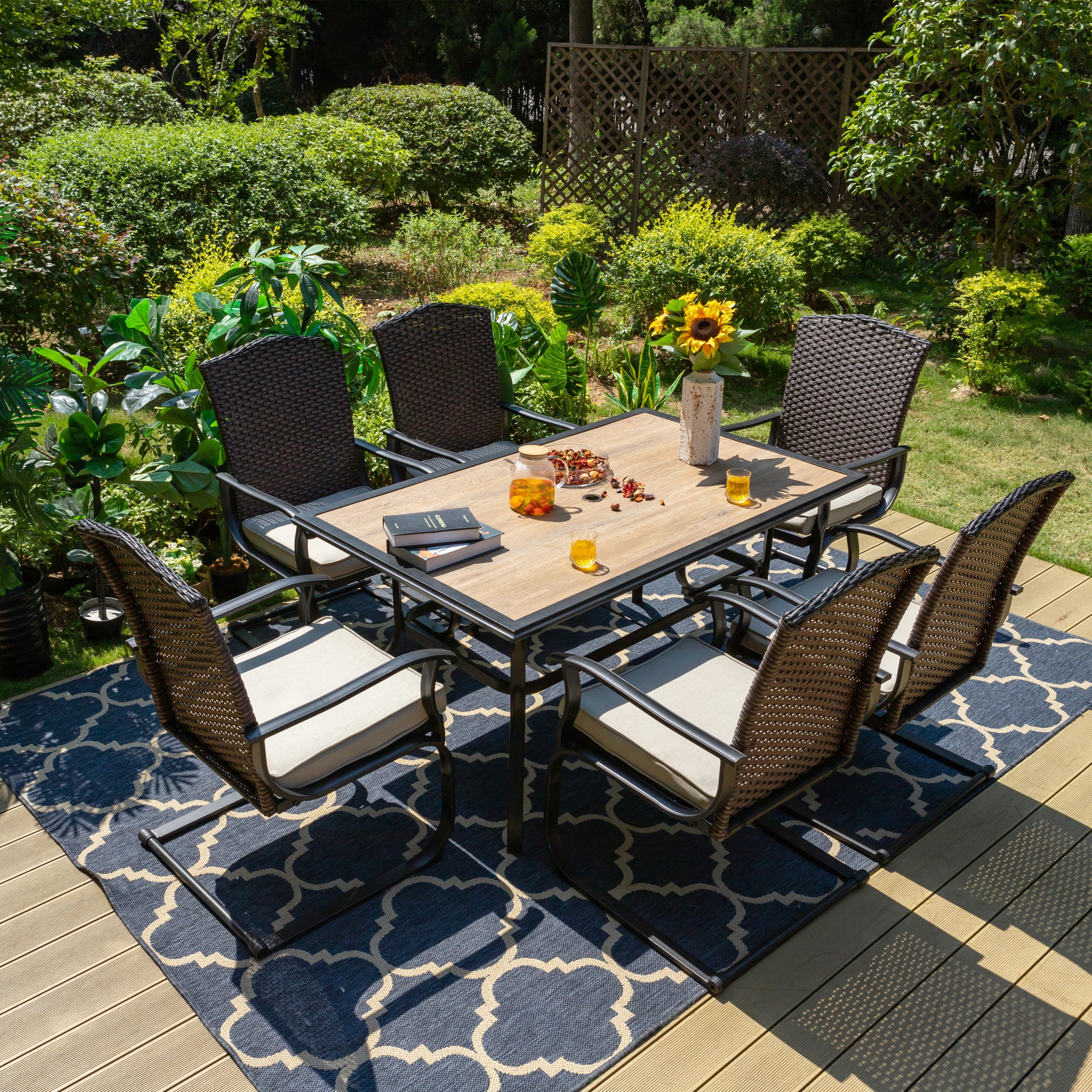 7 Piece Patio Dining Set 6 Rattan Wicker C Spring Rocking Chairs