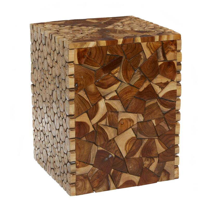 Brown Teak Wood Handmade Square Block Side End Accent Table with Mosaic Wood Chip Design