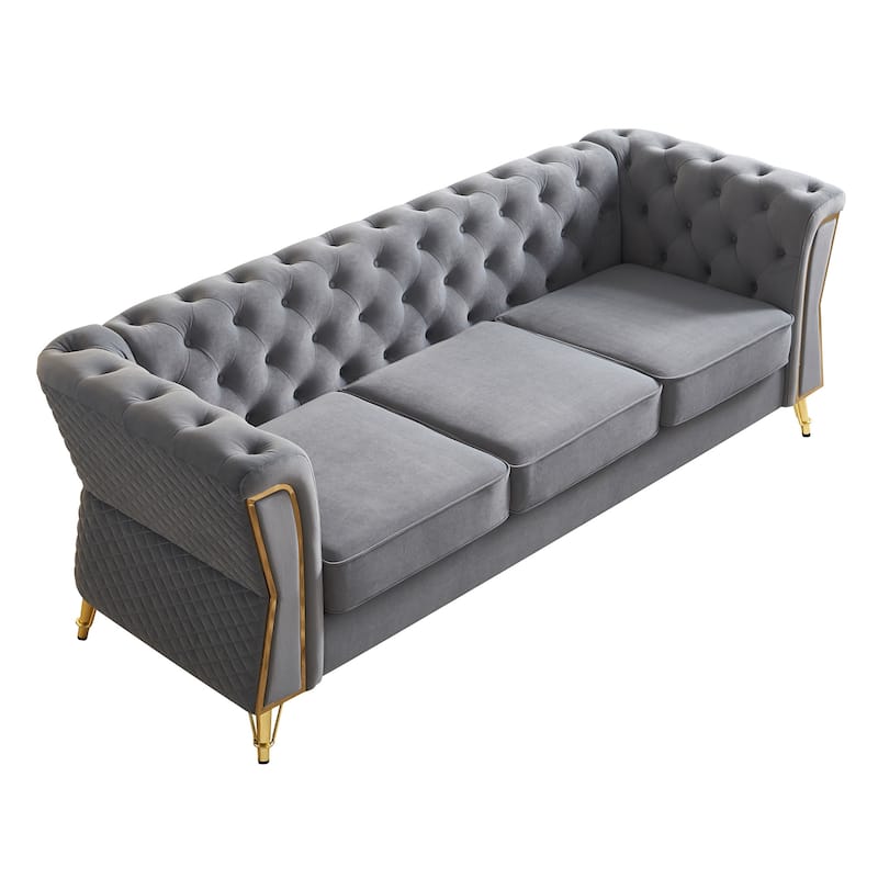 Mid-century Couch Velvet Upholstered Sofa with Button Tufted Backrest, Unique Armrest Design and Golden Metal Decor