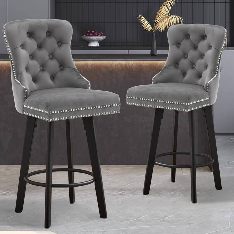 Modern Swivel Bar Stools, Dark Gray Velvet with Button Tufting & Rivet Trim, Large Backrest & Footrest, Set of 2