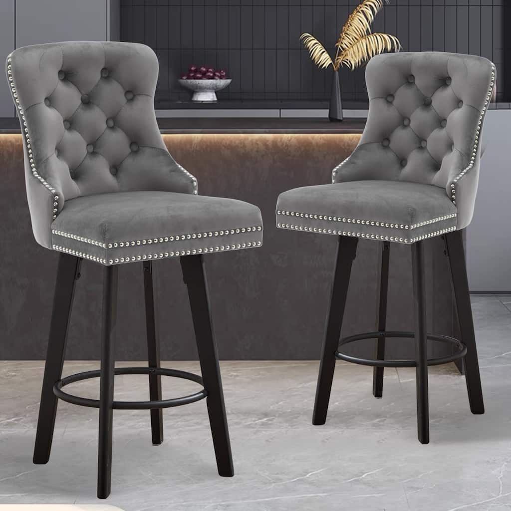 Modern Swivel Bar Stools, Dark Gray Velvet with Button Tufting & Rivet Trim, Large Backrest & Footrest, Set of 2