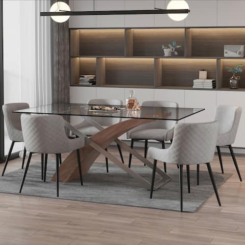 Contemporary 7pc Dining Set with Walnut Table & Black & Grey Chair