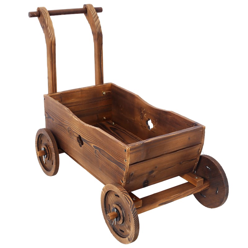 Wooden Wagon Planter Box, Mobile Garden Planter with 4 Wheels, Handle, Drain Hole, Decorative Flower Planter