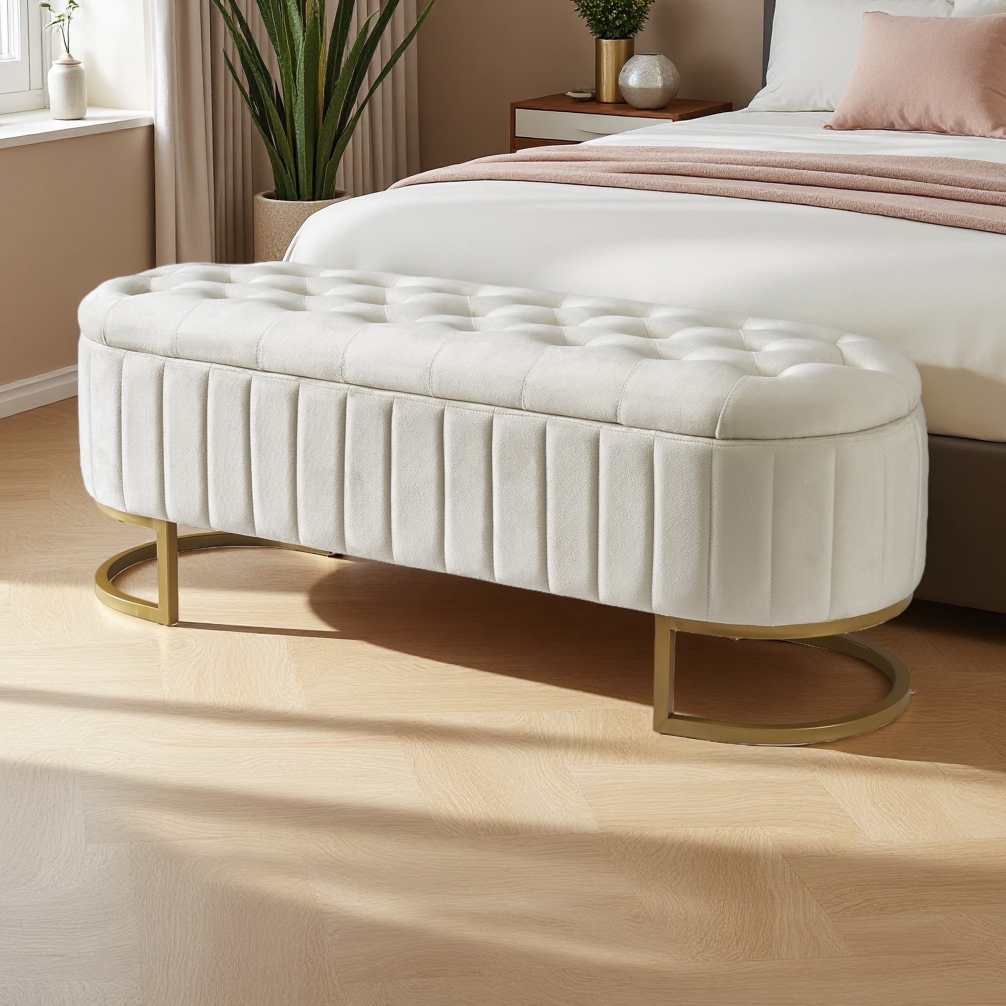 47"L Upholstered Velvet Storage Ottoman Bench with Metal Legs