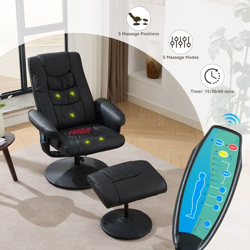 Recliner Chair with Ottoman - 360° Swivel Massage Lounge Chair with 5-Point Vibration & Heated Seat, 140° Adjustable - Black