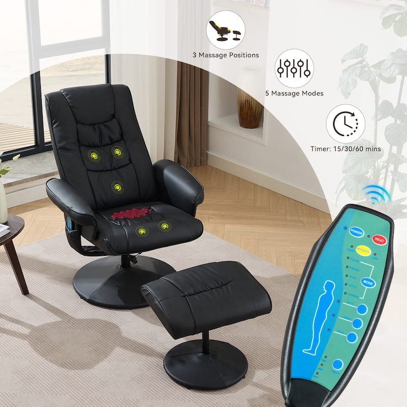 Swivel Recliner Chair with Ottoman, Heated Seat, 5-Point Vibration Massage and 140° Adjustable Backrest