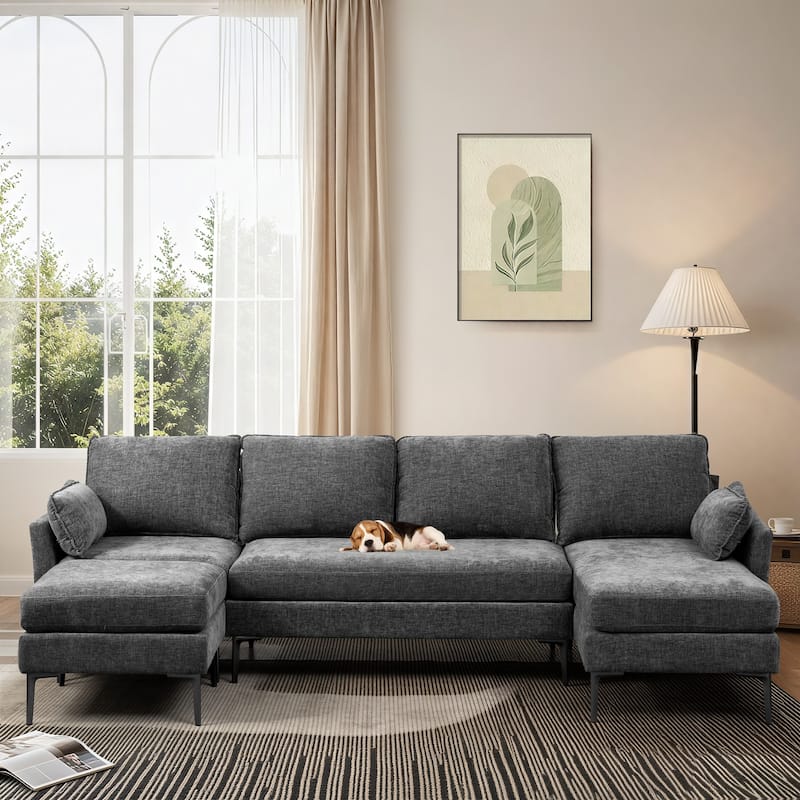 Modern Chenille Sectional Sofa with Reversible Chaise and Ottoman, Perfect for Living Rooms with Sleeper Function - Grey - Symmetrical