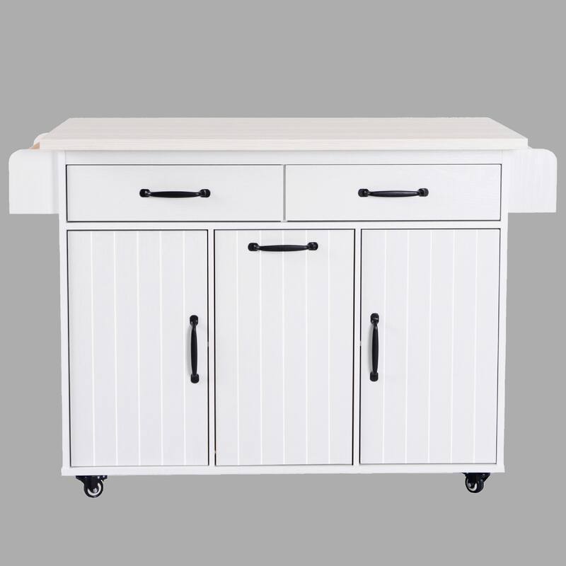 Rolling Kitchen Island Cart with Trash Can Storage, Drop Leaf, Spice Rack, Drawer & Towel Rack, Mobile Island - White Oak