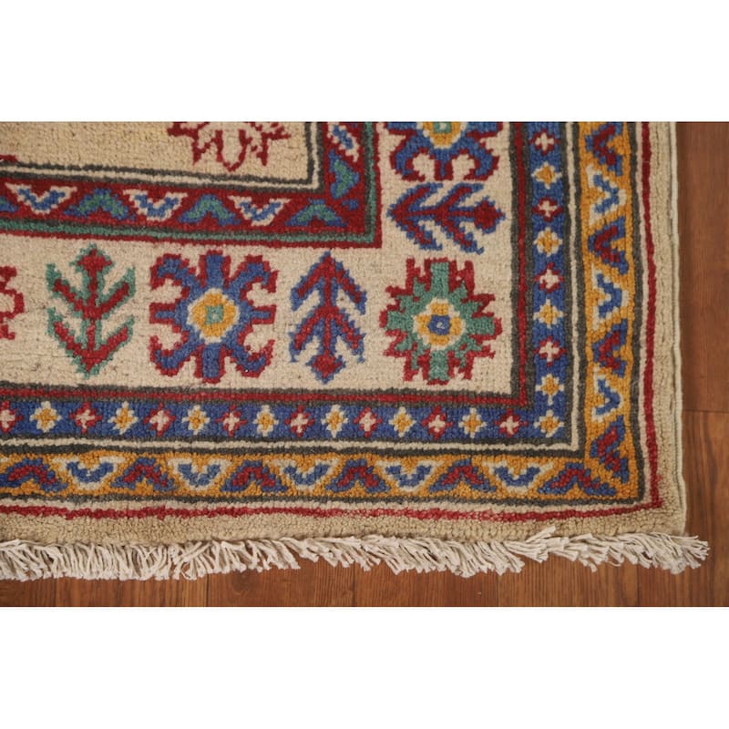 Geometric Kazak Runner Rug Hand-Knotted Yellow Wool Carpet - 2'10" x 13'0"