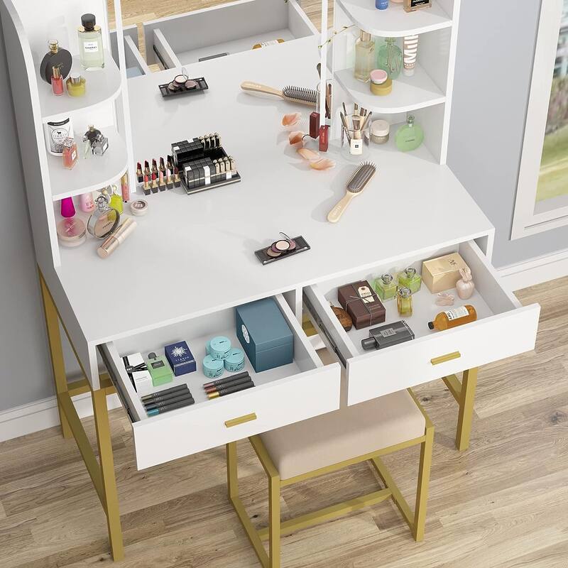 Makeup Vanity Dressing Table with LED Lights, Storage Shelves, Cushioned Stool & 2 Drawers