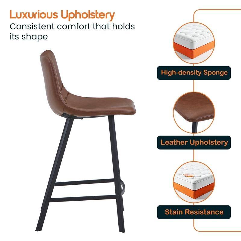 Elland Modern Minimalist Leather Upholstered Bar Stool with Accent Black Metal Base and Back Support for Home Bar or Kitchen