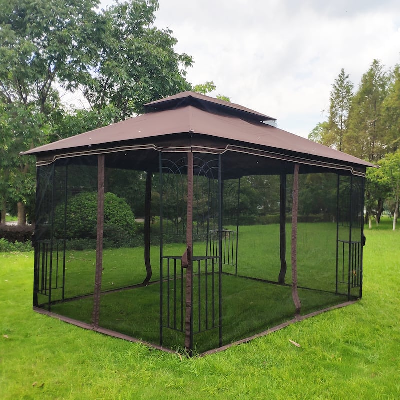 13x10 Outdoor Patio Gazebo Canopy Tent, Heavy Duty Gazebos with Ventilated Double Roof, Mosquito Netting & Privacy Screens
