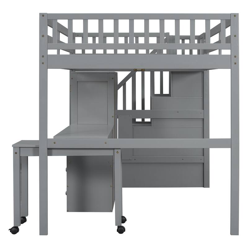 Full Size Loft Bed with Stairs Desk Drawers Bookshelf Wardrobe Pine Wood