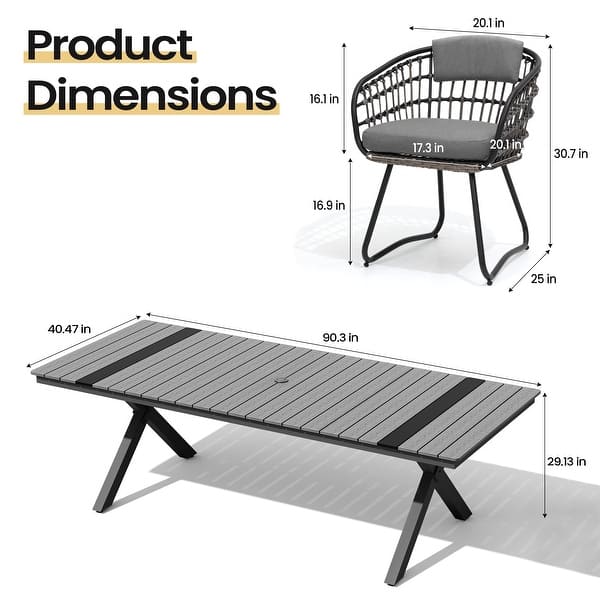 dimension image slide 2 of 3, 9PC Outdoor Patio All-Weather Aluminum Dining X Frame Table Set with Rattan Chairs