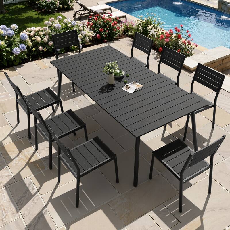 9-Piece Outdoor Rectangle Aluminum Dining Table with Stackable Chairs - Black