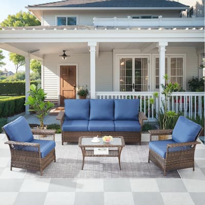 4 Piece Patio Rattan Sofa, Chair and Coffee Table - Brown