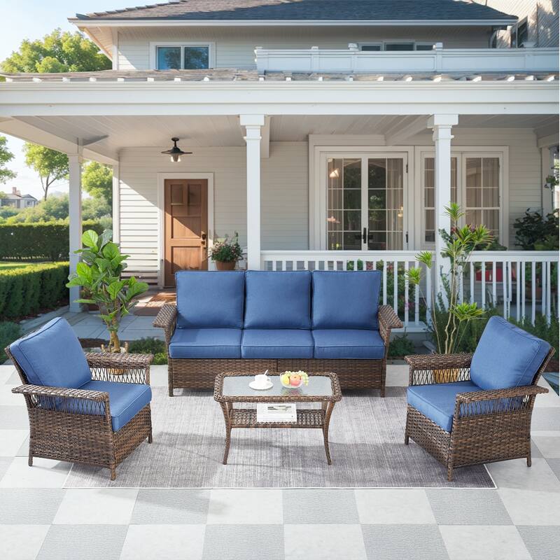 Outdoor Patio Chairs with 3-Seat Sofa Coffee Table - Blue - Brown