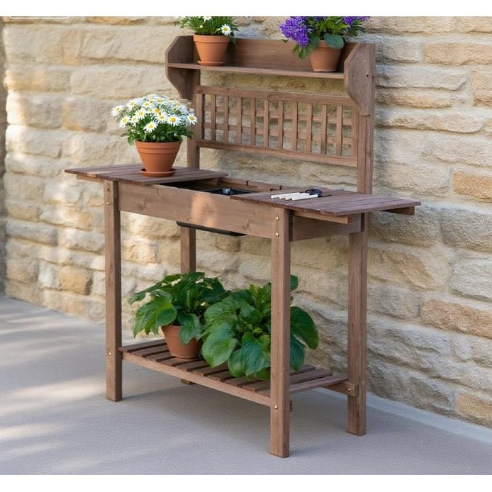 Wooden Plant Shelving, Potting Bench, Sliding Tabletop and Dry Sink