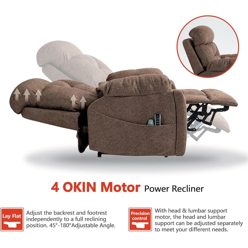Luxury Electric Lift Recliner with Heat, Massage, 180° Recline, 4 OKIN Motors, Dual Remotes, and Cup Holders.