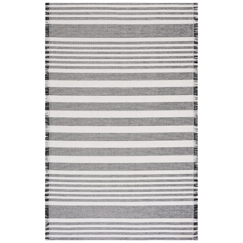 SAFAVIEH Augustine Avdotja Farmhouse Stripe Fringe Rug - 6'4" Square - Ivory/Black
