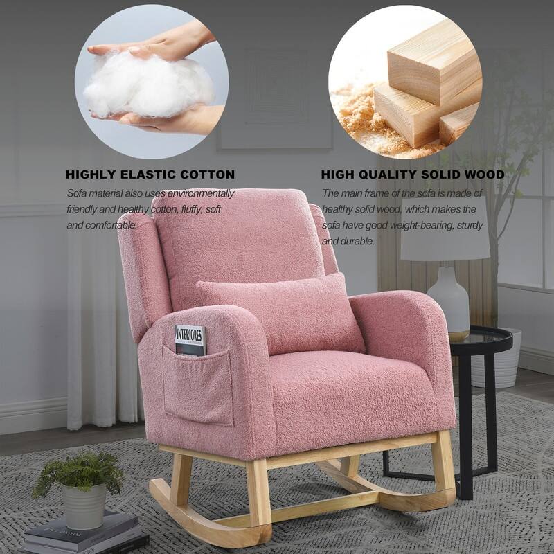 Grondin Modern Style Rocking Chair, Teddy Fabric Upholstered Nursery Rocker with Side Pockets