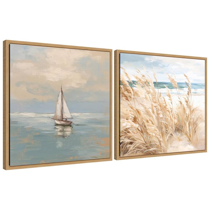 Kate and Laurel Sylvie Beach Grass and Calm Pastel Sailboat Framed Canvas Art Set by The Creative Bunch Studio - 2 Piece Set 22x22