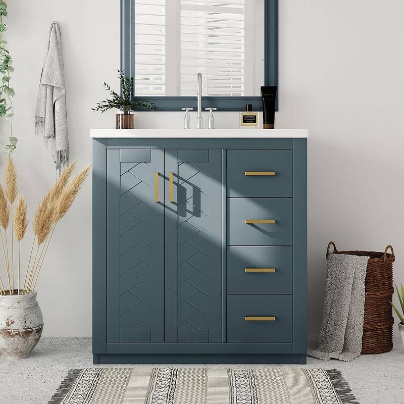 30'' Modern Freestanding Bathroom Vanity with Top Sink , Solid Wood Frame - With Sink - Navy Blue