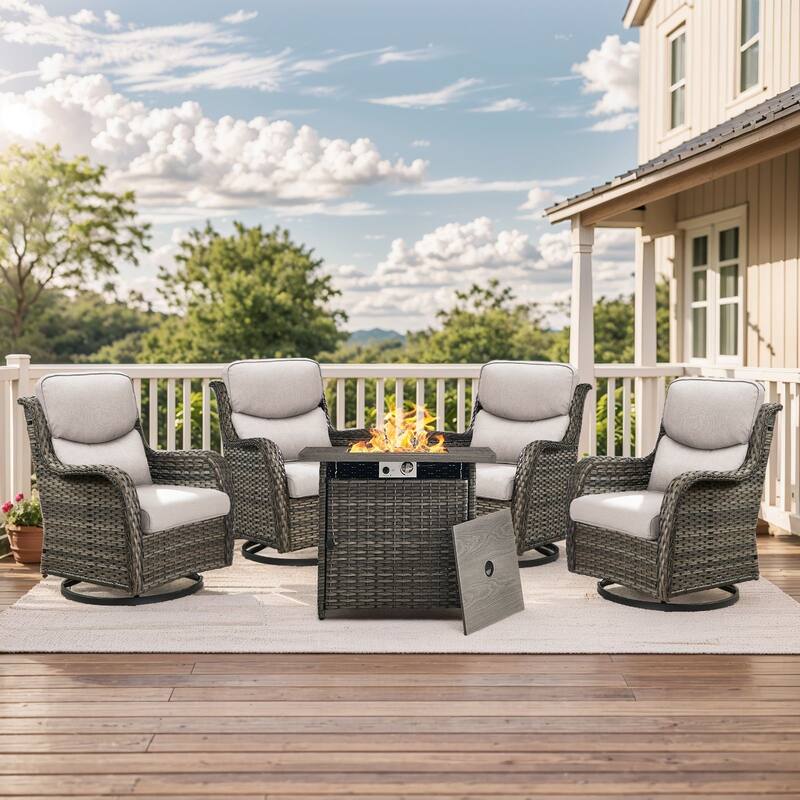 Outdoor Gliders Chairs with Fire Pit Table with 5-Inch Thick Cushions - Grey Rattan - Beige Cushion - 5PCS Swivel Chairs with Square Fire Table