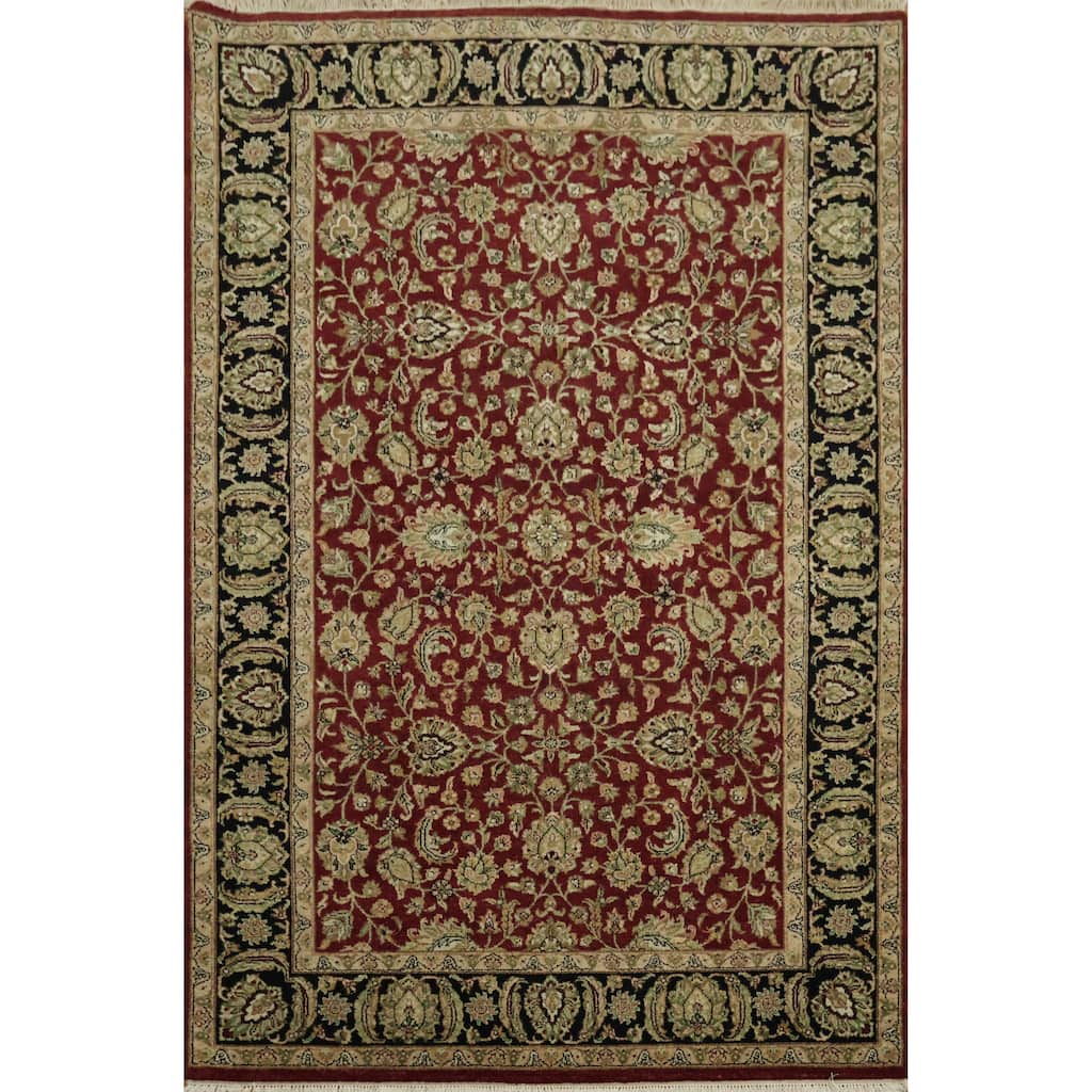 Hand Knotted Oriental 100% Wool Carpet Traditional All-Over Red Agra Area Rug - 9' 2'' X 6' 1''